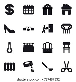 16 vector icon set : dollar, calendar, gift, home, shoes, drawbridge, antique column, thermometer, curtain, dresser, chair, radiator, mixer, ladle, scissors