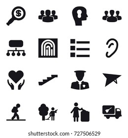 16 vector icon set : dollar magnifier, group, bulb head, structure, fingerprint, list, stairs, deltaplane, tourist, garden cleaning, garbage bin, home call cleaning