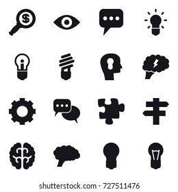 16 vector icon set : dollar magnifier, eye, message, bulb, bulb head, brain, gear, discussion, puzzle, singlepost