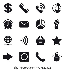 16 vector icon set : dollar, phone, call, circle diagram, alarm clock, mail, diagram, bulb, globe connect, wireless, remove from basket, star, right arrow, ring button, apron