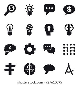 16 vector icon set : dollar magnifier, bulb, message, money message, bulb head, bulb brain, brain, gear, discussion, chip, singlepost, draw compass