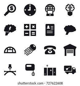 16 vector icon set : dollar magnifier, clock, notebook globe, bulb brain, brain, calculator, greenhouse, jellyfish, phone, garage, clean  window, home call cleaning