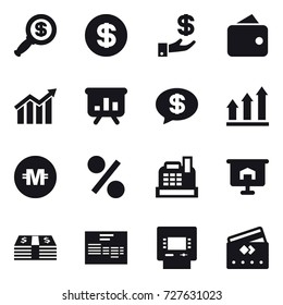 16 vector icon set : dollar magnifier, dollar, investment, wallet, diagram, presentation, money message, graph up, crypto currency, percent, cashbox, atm, credit card