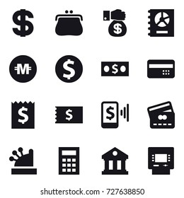 16 vector icon set : dollar, purse, money gift, annual report, crypto currency, dollar coin, money, credit card, receipt, mobile pay, cashbox, calculator, library, atm