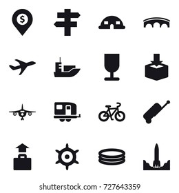 16 vector icon set : dollar pin, singlepost, dome house, bridge, plane, trailer, bike, suitcase, baggage, handwheel, inflatable pool