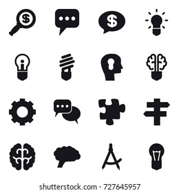 16 vector icon set : dollar magnifier, message, money message, bulb, bulb head, bulb brain, gear, discussion, puzzle, singlepost, draw compass