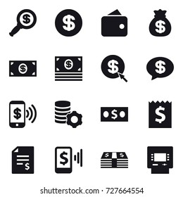 16 vector icon set : dollar magnifier, dollar, wallet, money bag, money, dollar arrow, money message, phone pay, virtual mining, receipt, account balance, mobile pay, atm