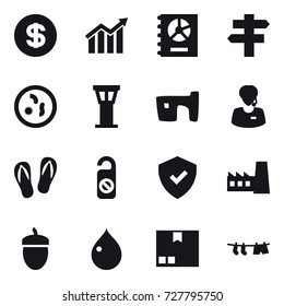 16 vector icon set : dollar, diagram, annual report, singlepost, airport tower, slum, flip-flops, do not distrub, factory, acorn, drop, package, drying clothe