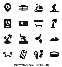 16 vector icon set : dollar pin, airport building, sail boat, tourist, passport, ticket, lounger, palm, island, aquapark, golf, jet ski, palm hammock, inflatable mattress, flip-flops