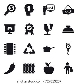 16 vector icon set : dollar magnifier, bulb head, presentation, sale, service bell, saute pan, handle scales, hot pepper, fence, apple, trash