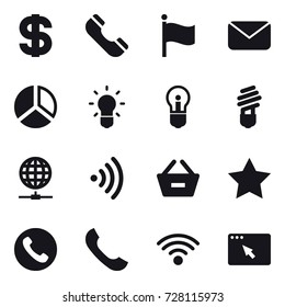 16 vector icon set : dollar, phone, flag, mail, diagram, bulb, globe connect, wireless, remove from basket, star