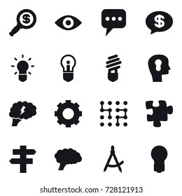 16 vector icon set : dollar magnifier, eye, message, money message, bulb, bulb head, brain, gear, chip, puzzle, singlepost, draw compass