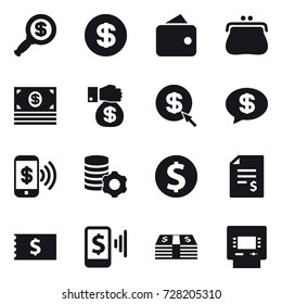 16 vector icon set : dollar magnifier, dollar, wallet, purse, money, money gift, dollar arrow, money message, phone pay, virtual mining, dollar coin, account balance, receipt, mobile pay, atm