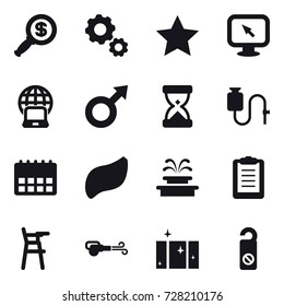 16 vector icon set : dollar magnifier, gear, star, monitor arrow, notebook globe, fountain, Chair for babies, blower, clean  window, do not distrub