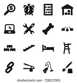 16 vector icon set : dollar magnifier, alarm clock, abacus, warehouse, notebook, pencil wrench, drawbridge, block wall, stairs, bed, Chair for babies, garlic clasp, vacuum cleaner, toilet brush