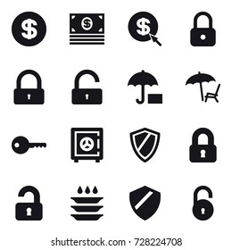 16 vector icon set : dollar, money, dollar arrow, lock, unlock, lounger, key, safe, shield, locked, unlocked, plate washing