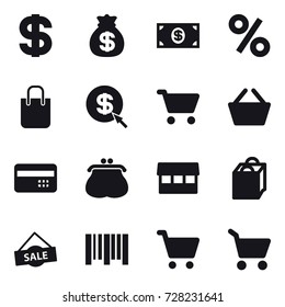 16 vector icon set : dollar, money bag, money, percent, shopping bag, dollar arrow, cart, basket, credit card, purse, market, sale