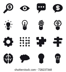 16 vector icon set : dollar magnifier, eye, message, money message, bulb, bulb brain, gear, chip, puzzle, singlepost