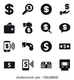16 vector icon set : dollar, dollar magnifier, investment, wallet, money gift, dollar arrow, money message, phone pay, hand coin, dollar coin, money, receipt, mobile pay, atm