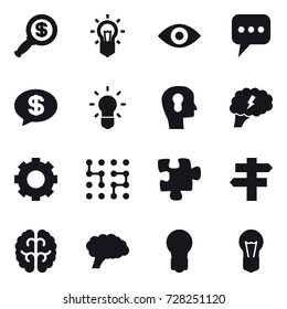 16 vector icon set : dollar magnifier, bulb, eye, message, money message, bulb head, brain, gear, chip, puzzle, singlepost