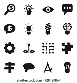 16 vector icon set : dollar magnifier, bulb, eye, message, money message, bulb brain, gear, target, chip, puzzle, singlepost, draw compass