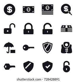 16 vector icon set : dollar, money, dollar arrow, unlock, lock, key, shield, life vest 16 vector icon set : dollar, money, dollar arrow, unlock, lock, key, shield, life vest