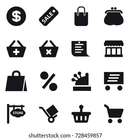 16 vector icon set : dollar, sale, shopping bag, purse, add to basket, delete cart, shopping list, market, percent, cashbox, delivery, store signboard, cart