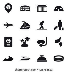 16 vector icon set : dollar pin, airport building, dome house, plane, sail boat, tourist, passenger, passport, island, diving mask, golf, jet ski, yacht, service bell, inflatable pool