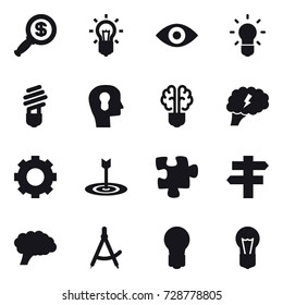 16 vector icon set : dollar magnifier, bulb, eye, bulb head, bulb brain, brain, gear, target, puzzle, singlepost, draw compass