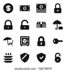 16 vector icon set : dollar, money, lock, unlock, lounger, safe, locked, key, plate washing