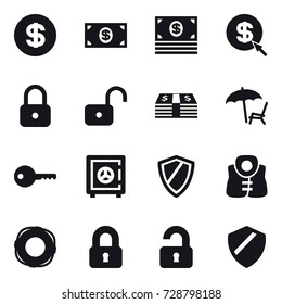 16 vector icon set : dollar, money, dollar arrow, lock, unlock, lounger, key, safe, shield, life vest, lifebuoy, locked, unlocked