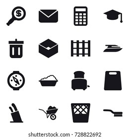 16 vector icon set : dollar magnifier, mail, calculator, graduate hat, bin, box, yacht, compass, washing, toaster, cutting board, stands for knives, wheelbarrow, trash bin, brush