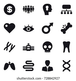 16 vector icon set : dollar, team, bulb head, structure, heart