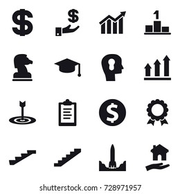 16 vector icon set : dollar, investment, diagram, pedestal, chess horse, graduate hat, bulb head, graph up, target, clipboard, dollar coin, medal, stairs, housing