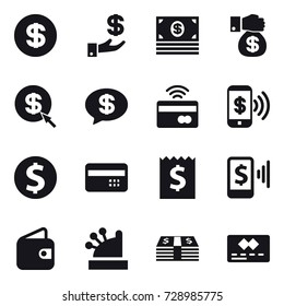 16 vector icon set : dollar, investment, money, money gift, dollar arrow, money message, tap to pay, phone pay, dollar coin, credit card, receipt, mobile pay, wallet, cashbox