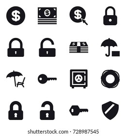 16 vector icon set : dollar, money, dollar arrow, lock, unlock, lounger, key, safe, lifebuoy, locked, unlocked