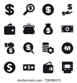 16 vector icon set : dollar, dollar magnifier, investment, wallet, purse, money bag, money, money gift, dollar arrow, virtual mining, crypto currency, dollar coin, atm