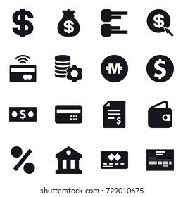 16 vector icon set : dollar, money bag, diagram, dollar arrow, tap to pay, virtual mining, crypto currency, dollar coin, money, credit card, account balance, wallet, percent, library