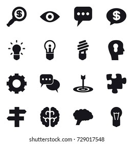 16 vector icon set : dollar magnifier, eye, message, money message, bulb, bulb head, gear, discussion, target, puzzle, singlepost
