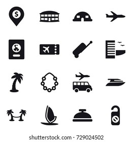 16 vector icon set : dollar pin, airport building, dome house, plane, passport, ticket, suitcase, hotel, palm, hawaiian wreath, transfer, yacht, palm hammock, windsurfing, service bell
