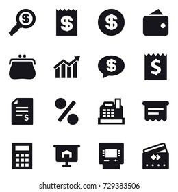 16 vector icon set : dollar magnifier, receipt, dollar, wallet, purse, diagram, money message, account balance, percent, cashbox, atm receipt, calculator, presentation, atm, credit card