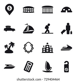 16 vector icon set : dollar pin, airport building, dome house, car baggage, sail boat, tourist, passenger, island, hawaiian wreath, hotel, jet ski, yacht, inflatable mattress, windsurfing