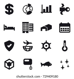 16 vector icon set : dollar, circle diagram, graph, satellite, houses, warehouse, handwheel, thermometer, fish, shining