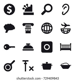 16 vector icon set : dollar coin, cashbox, column, key, service bell, ring button, crib, pan, foam basin