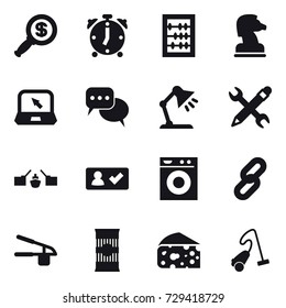 16 vector icon set : dollar magnifier, alarm clock, abacus, chess horse, notebook, discussion, table lamp, pencil wrench, drawbridge, check in, washing machine, garlic clasp, cheese, vacuum cleaner