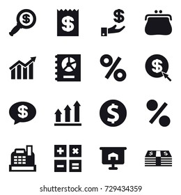 16 vector icon set : dollar magnifier, receipt, investment, purse, diagram, annual report, percent, dollar arrow, money message, graph up, dollar coin, cashbox, calculator, presentation