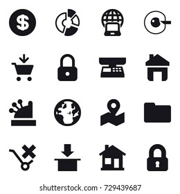 16 vector icon set : dollar, circle diagram, notebook globe, cell corection, add to cart, lock, market scales, home, cashbox, locked