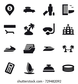 16 vector icon set : dollar pin, car baggage, passenger, hotel, lounger, island, diving mask, jet ski, cruise ship, yacht, palm hammock, inflatable mattress, windsurfing, service bell