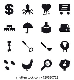 16 vector icon set : dollar, virus, cardio chip, delivery, block wall, whisk, ladle, sheep, seeds, chicken, viruses, garden