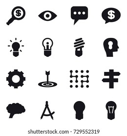 16 vector icon set : dollar magnifier, eye, message, money message, bulb, bulb head, gear, target, chip, singlepost, draw compass